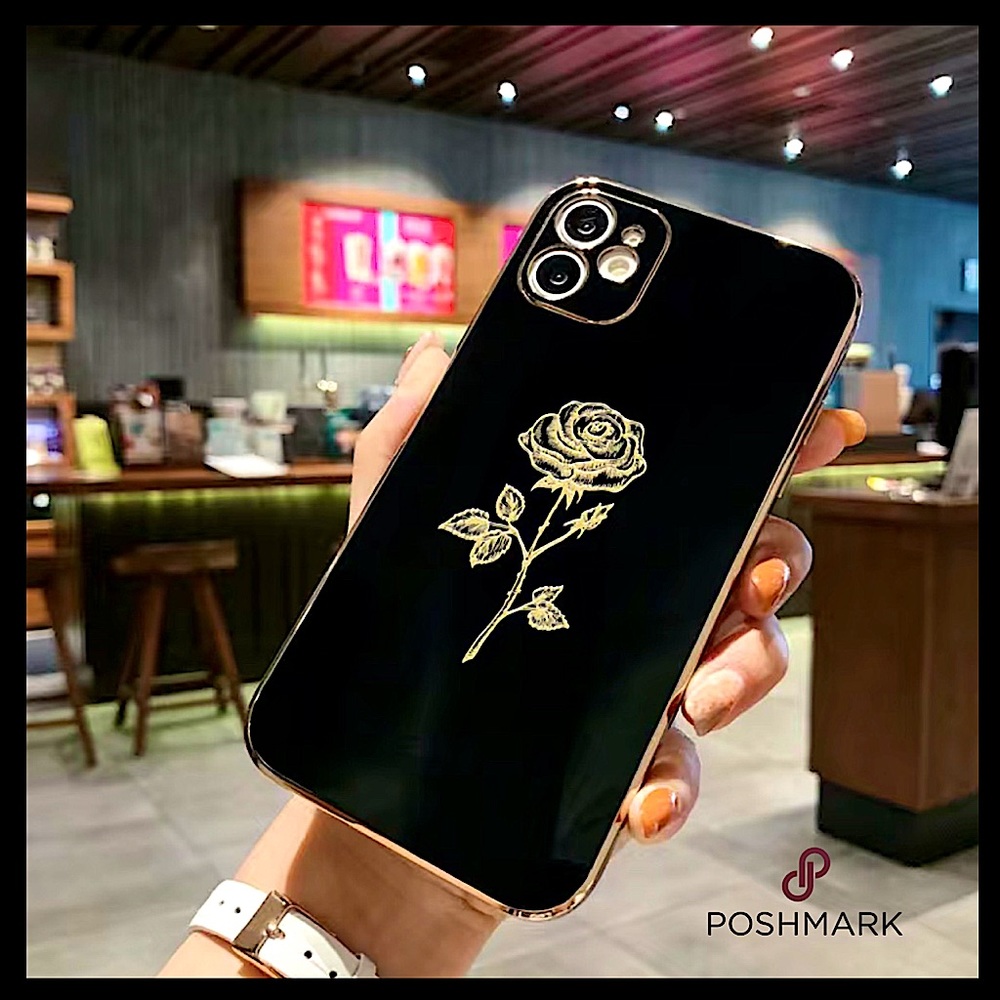 NWT Black & Gold Rose Pattern Electroplated Phone Case For iPhone 13 Pro Max